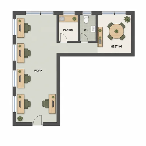 L-shaped coworking office preserving five desks and an open four-seat meeting area.