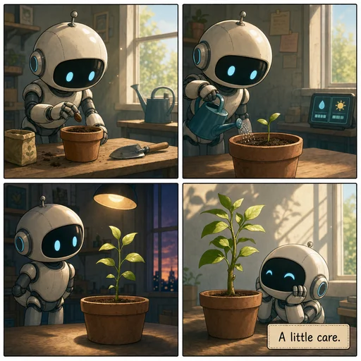 Four panels show a small robot planting and tending a seedling.
