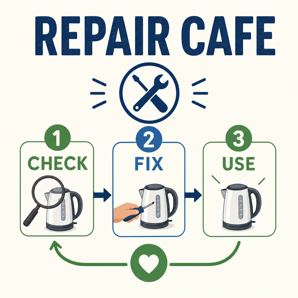 Repair Cafe infographic with Check, Fix and Use stages.