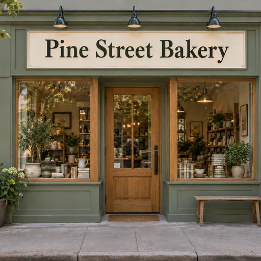 Sage-green storefront with a cream sign reading Pine Street Bakery above a wooden door.