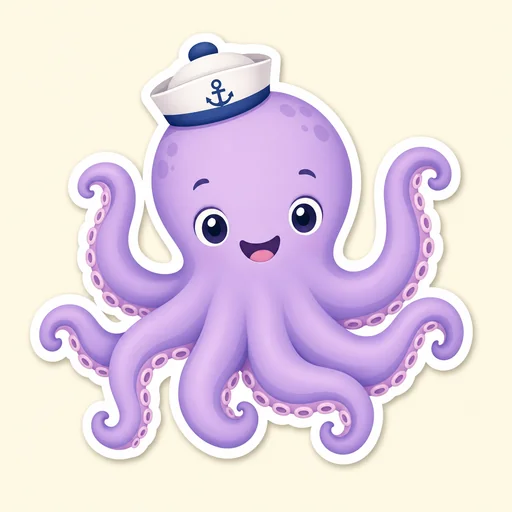 Friendly lavender octopus in a white sailor hat.