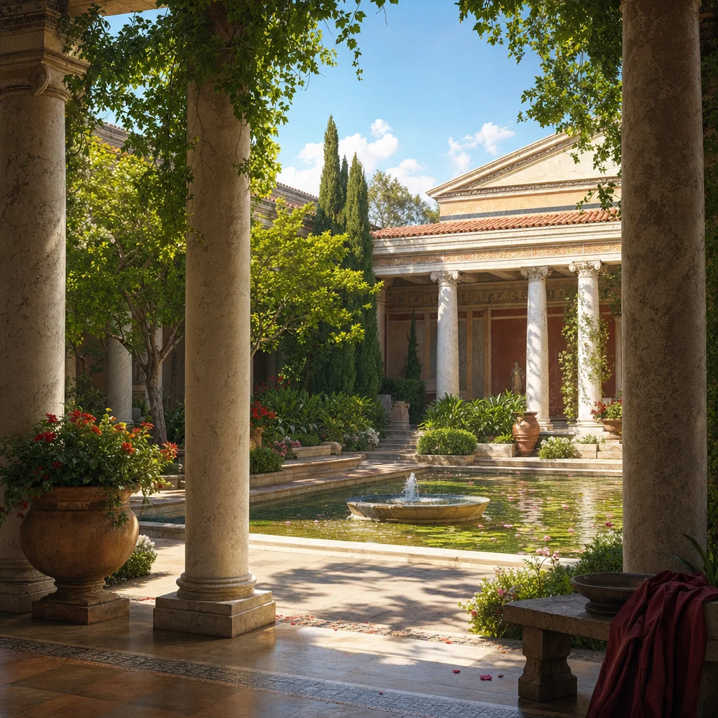 Roman-inspired garden courtyard with stone columns, a shallow pool and bright late-morning sunlight.