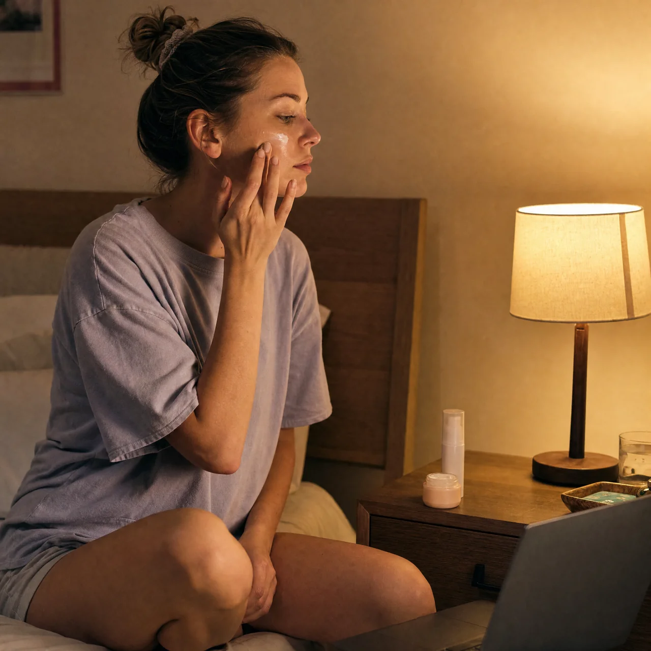 Person in pajamas dabbing moisturizer on their face with two skincare products placed within easy reach on the bedside table.