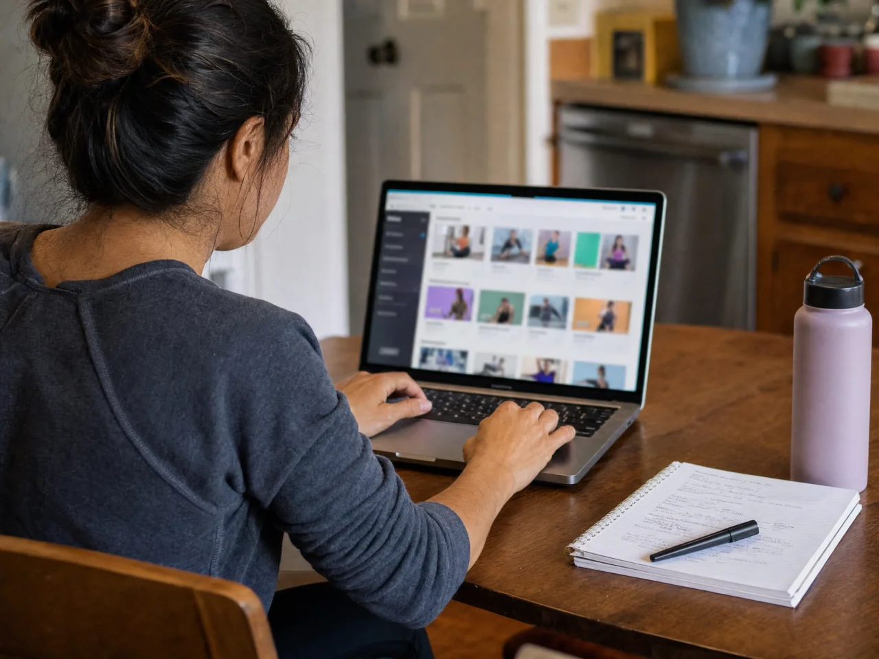A parent using a laptop at a kitchen table to plan a balanced fitness mix, with notes and a water bottle beside them.