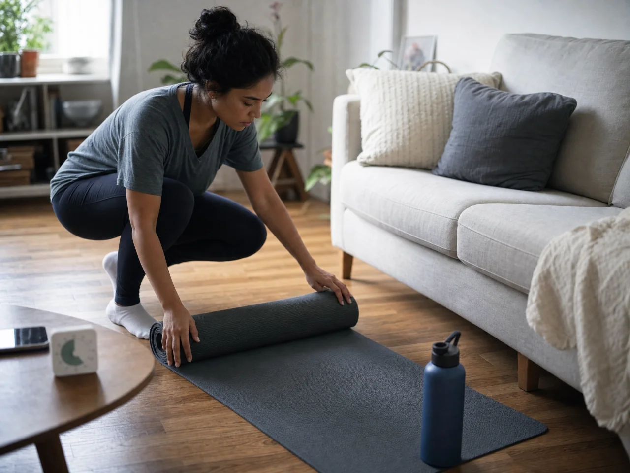 Person placing a rolled exercise mat by a sofa with a timer and water bottle nearby.