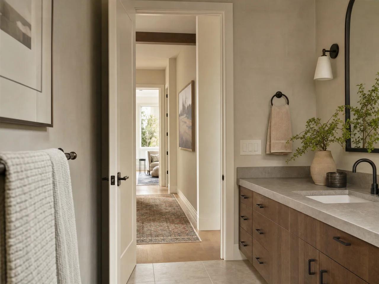 View from a small bathroom through its doorway into a hallway with a runner and artwork in matching tones, suggesting a coordinated home palette.