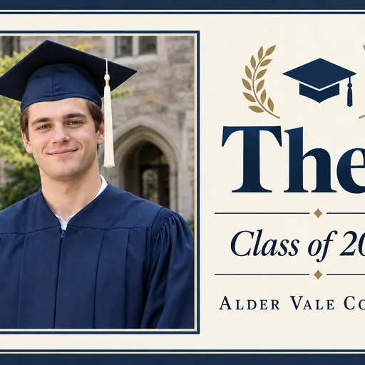 Navy and cream graduation announcement showing a graduate beside Theo, Class of 2026, and Alder Vale College.