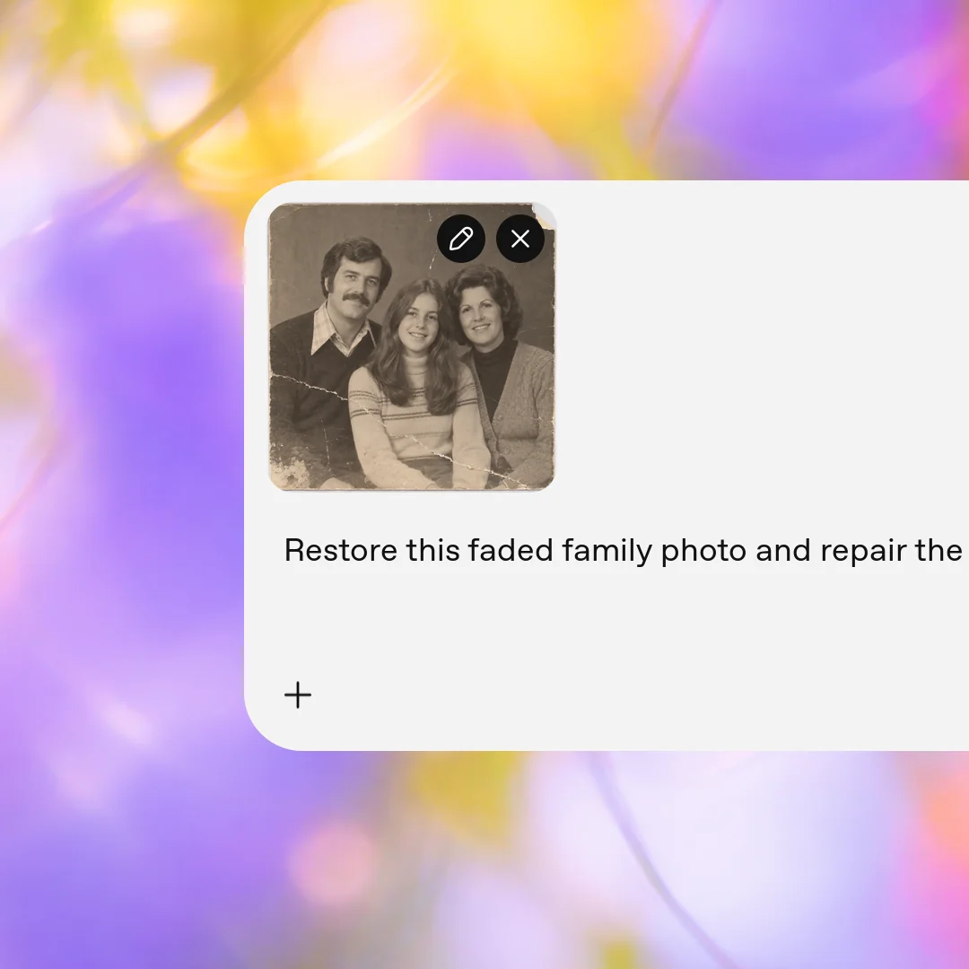 Step 2: Describe the repair. A restored warm monochrome portrait of two parents and their teenage daughter.