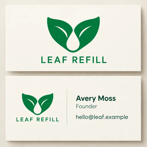 LEAF REFILL two-sided business card with green leaf logo and Avery Moss contact details.