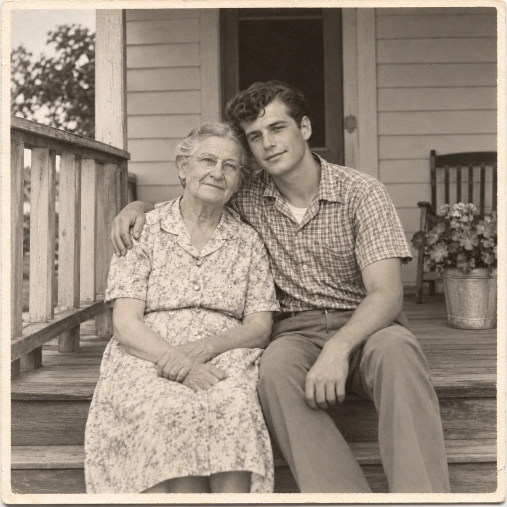 A repaired monochrome family photo of an older woman and a young man seated together on a wooden porch.