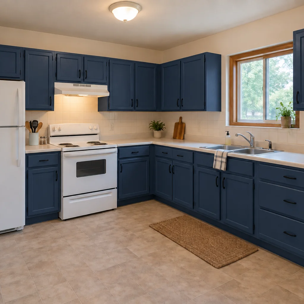 The reference kitchen with matte navy cabinets and its existing room layout.