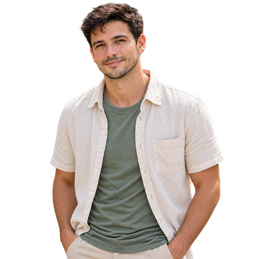 Background-removed portrait in a beige open shirt and green T-shirt.
