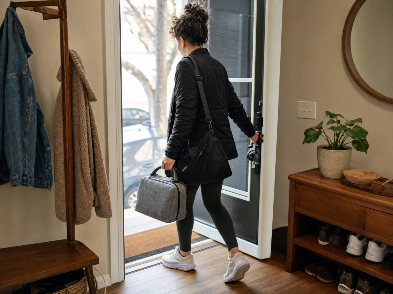 Person leaving an apartment entryway carrying an insulated lunch bag and a gym bag