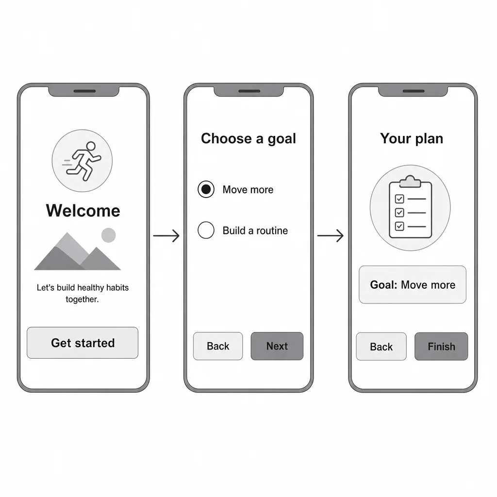 Three fitness screens, exactly two rightward arrows, selected Move more radio, correct plan and navigation controls all readable.