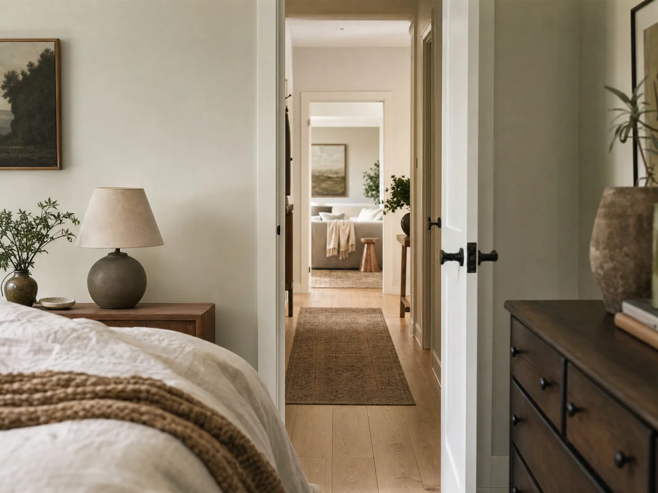 View from a bedroom through an open doorway into a hallway and part of a living area showing coordinated neutral colors and wood accents.