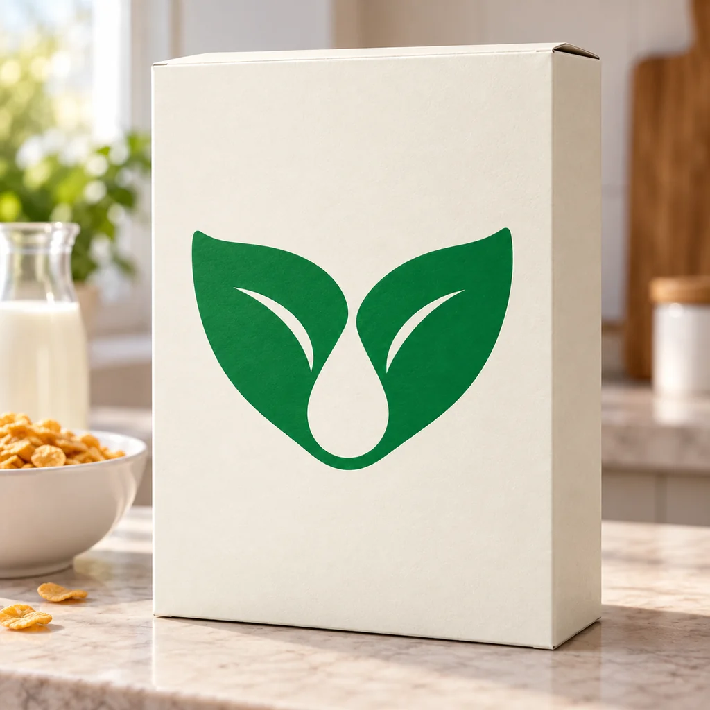 An ivory cereal-box mockup bearing the supplied green leaf-and-drop logo.