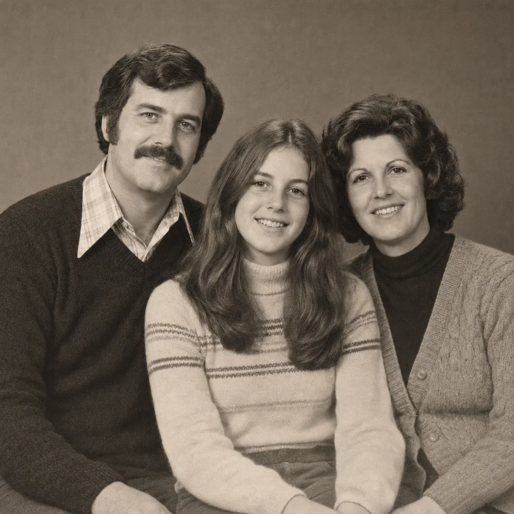 Actual repaired warm monochrome portrait of the same three family members; final accepted restoration.