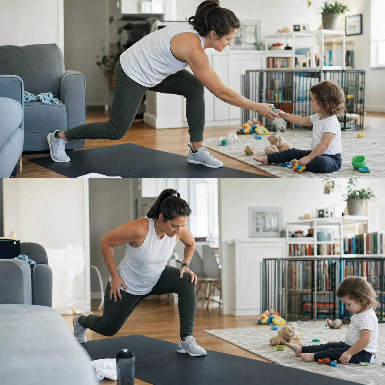 A parent pausing a short home workout to tend a child, then resuming the exercise.