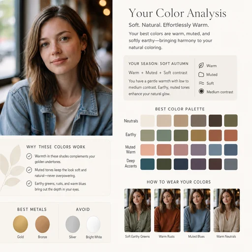 Color palette presentation with the original recognizable denim-jacket portrait, organized swatches and small clothing styling examples.