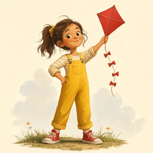 A proud girl in yellow overalls holds a small red kite with a simple bow-decorated tail.