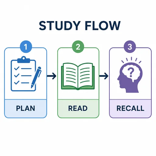 STUDY FLOW with PLAN→READ→RECALL and two correctly directed arrows. 1–3 are navigational step indices, not invented steps/facts..