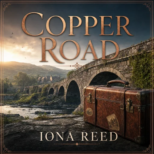 Historical book cover COPPER ROAD by IONA REED with travel case and stone bridge.