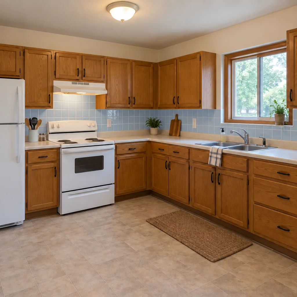 Kitchen with pale-blue glazed square backsplash tiles, oak cabinets and cream counters.