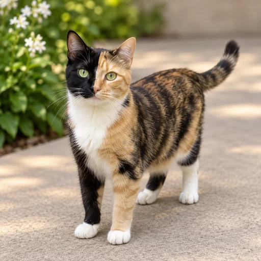 A calico cat with a split black-and-orange face stands on a sunlit patio beside blurred greenery.