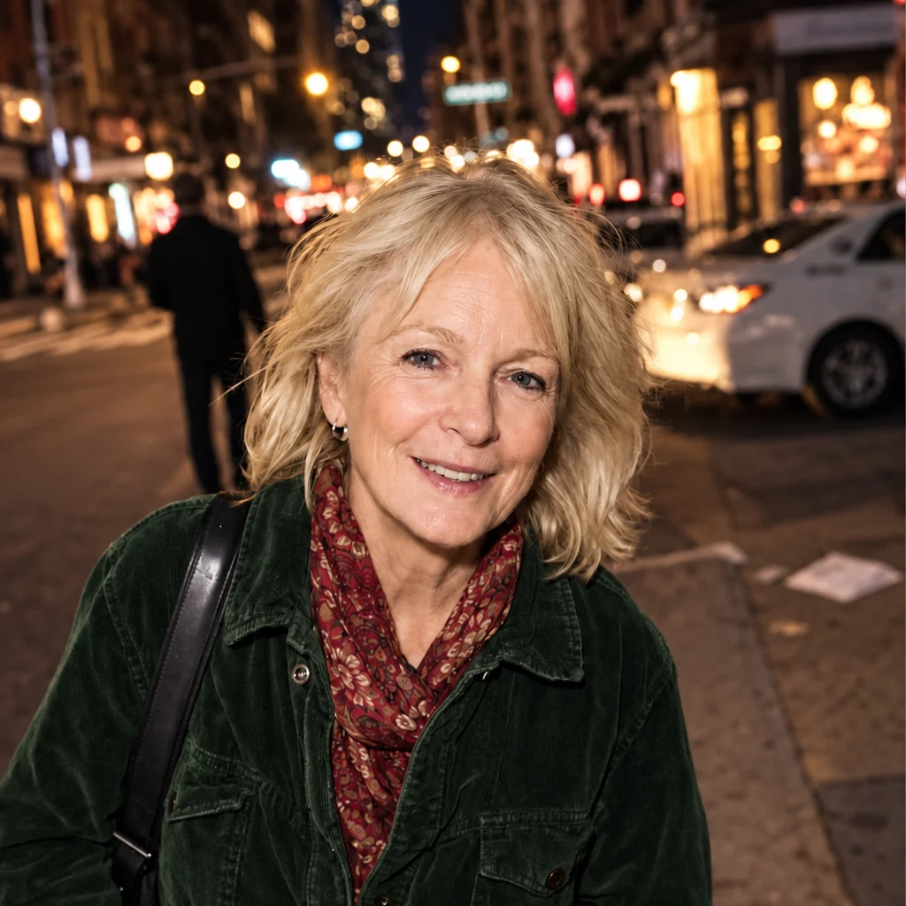 A colorized street portrait of a blonde woman in a dark green coat and muted red scarf under warm night lights.