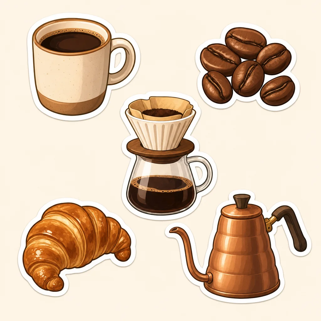 Five warm coffee-shop stickers on cream.