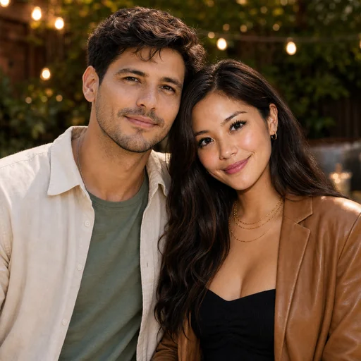Warm two-person portrait of the two selected catalog people together under garden lights.