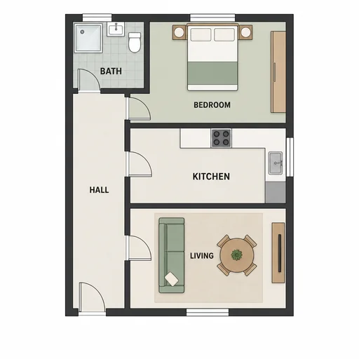 Unmeasured one-bedroom floor plan with a left-side hall linking bath, bedroom, kitchen and living room.
