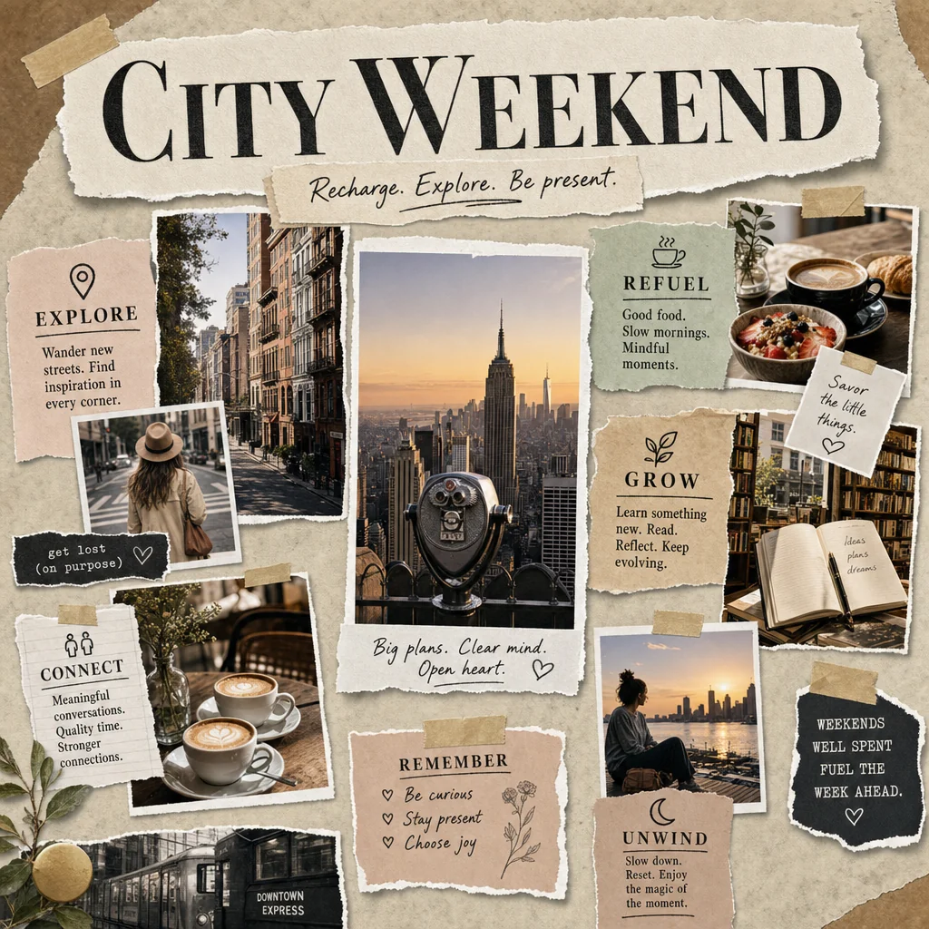 City Weekend travel vision board with city photographs, cafe and reading imagery and readable explore, connect and unwind goals.