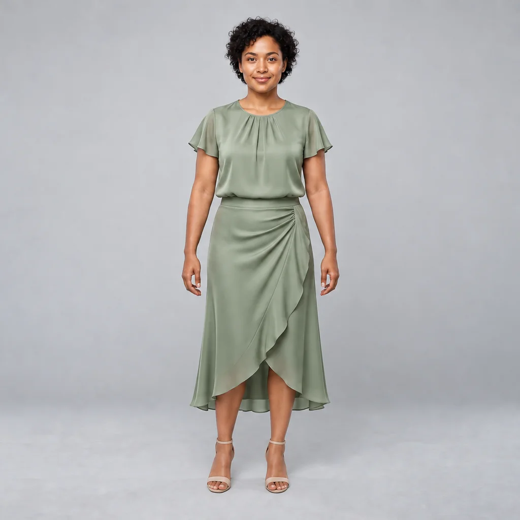 A woman with short dark curls models a sage blouse and wrap skirt with heeled sandals against a gray studio backdrop.