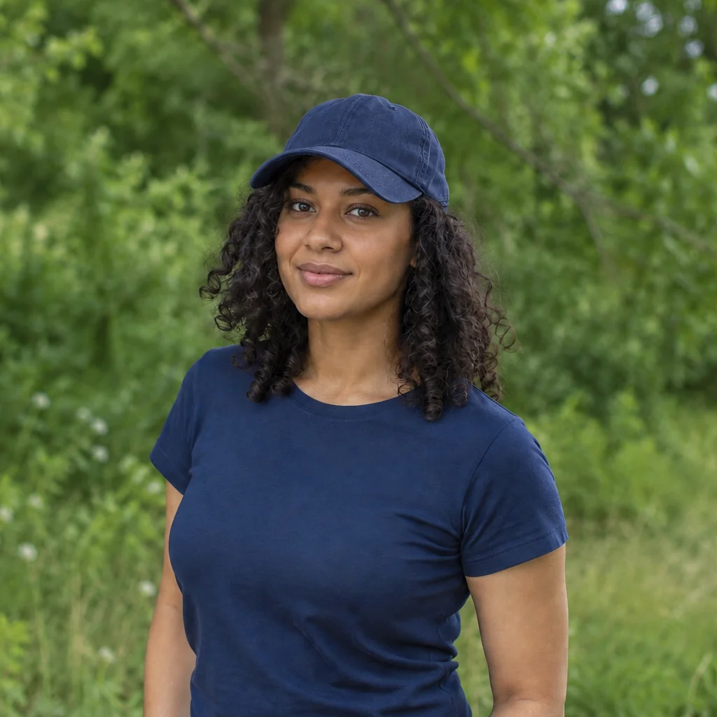 A woman with dark curly hair wears a navy baseball cap and navy T-shirt in a leafy outdoor setting.