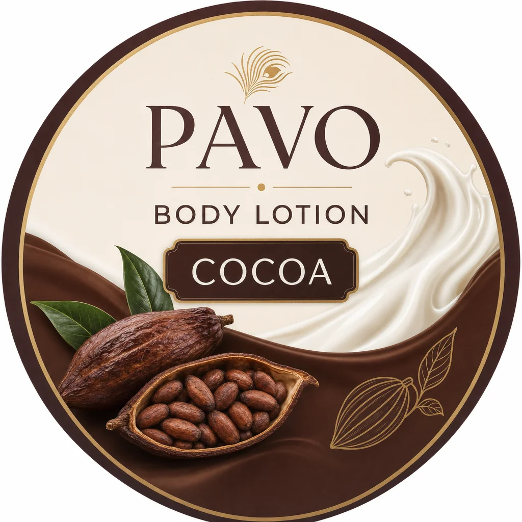 PAVO body lotion label in cocoa and cream with one cocoa-pod outline.