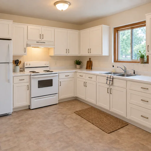 Kitchen remodeled with warm-white Shaker cabinets and white quartz counters, keeping the white appliances and existing layout.