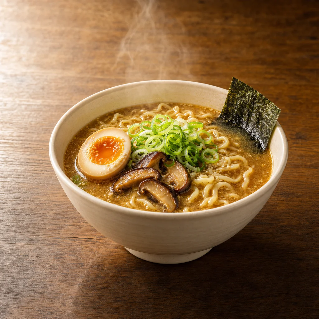 Beige bowl, egg half, mushrooms, scallions, nori and ramen remain recognizable.