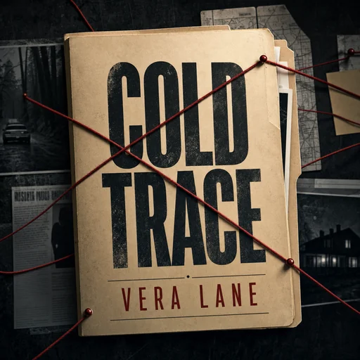 Cold Trace cover by Vera Lane with a folder crossed by red thread and additional background newspaper text.