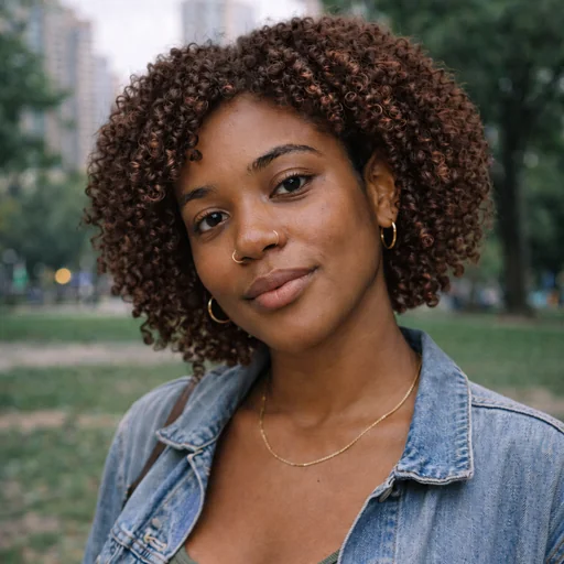 A woman in a denim jacket with chestnut-brown curly hair.