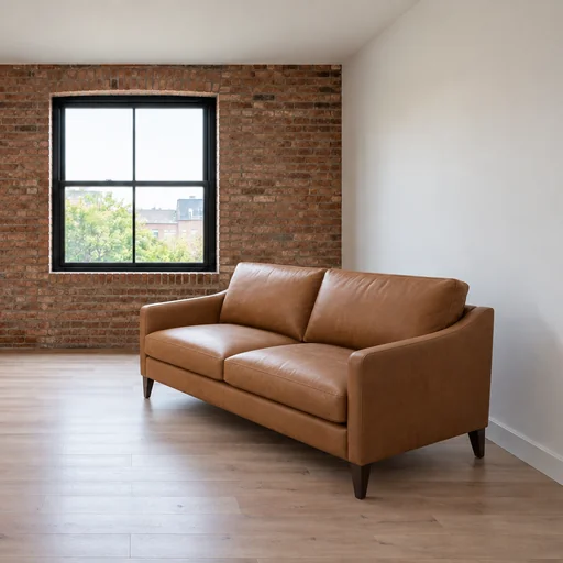 Tan leather sofa at the front right of an empty room, angled toward the center beneath a brick accent wall.