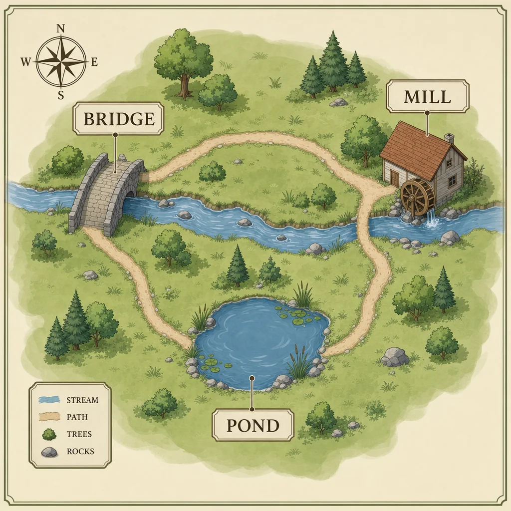 Bridge, Mill and Pond connected around a west-east stream.