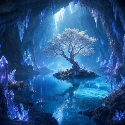 A lone silver tree stands on an island in a still blue lake inside a glowing crystal cavern.