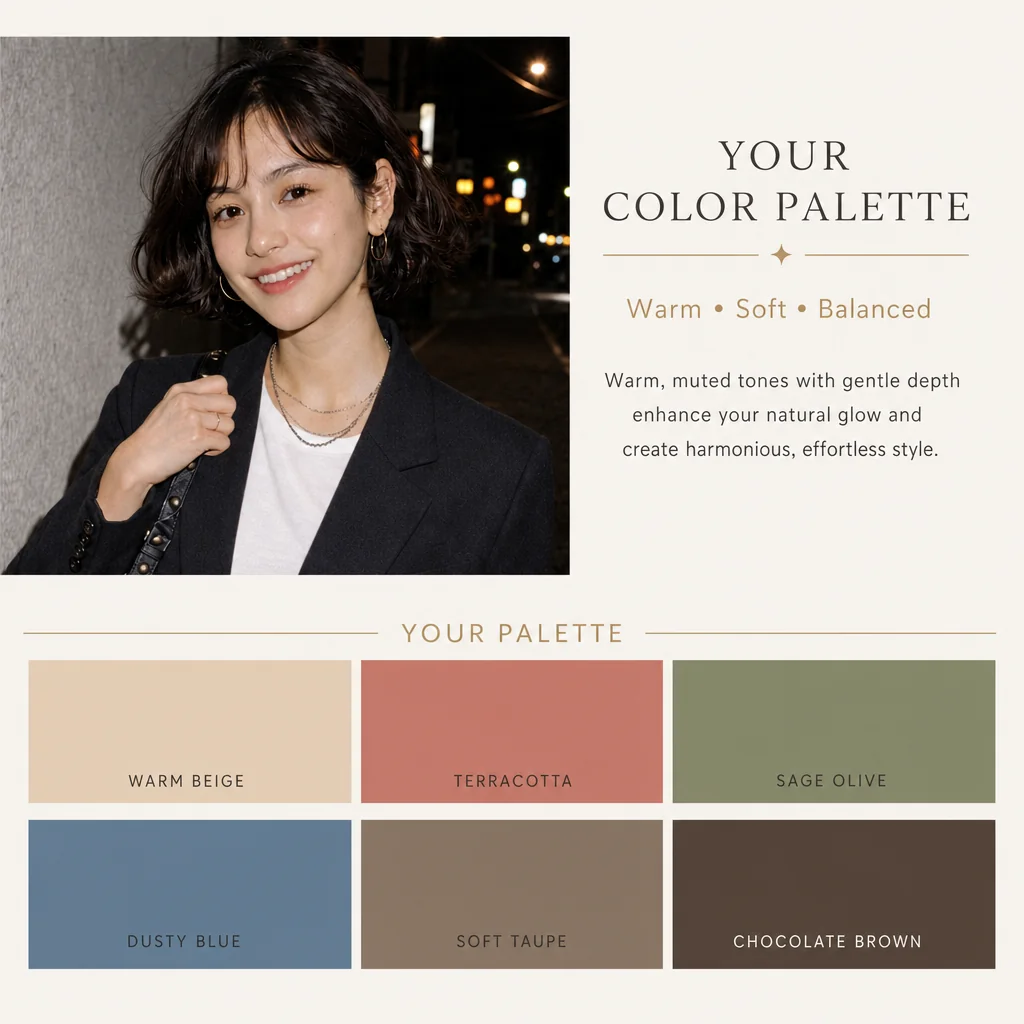 Recognizable dark-jacket portrait with six labeled color swatches in three columns and two rows.