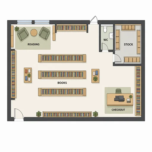 Refined neighborhood bookshop floor plan with the original shelving, reading area and checkout.