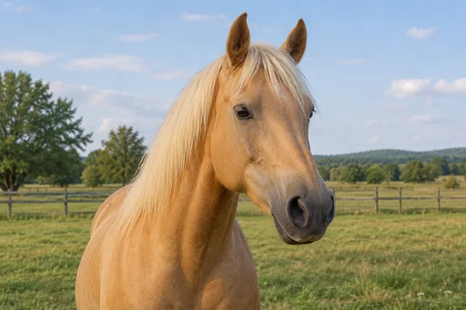 Source 1 for Horse portrait: palomino horse ivory mane.