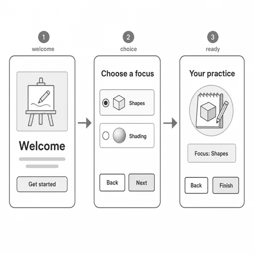 Three drawing screens, two rightward arrows, Shapes selected and Focus: Shapes result; all buttons and requested text readable.