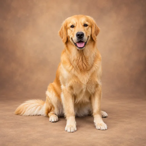 A golden retriever sits with its tongue out on a warm neutral studio floor and backdrop.