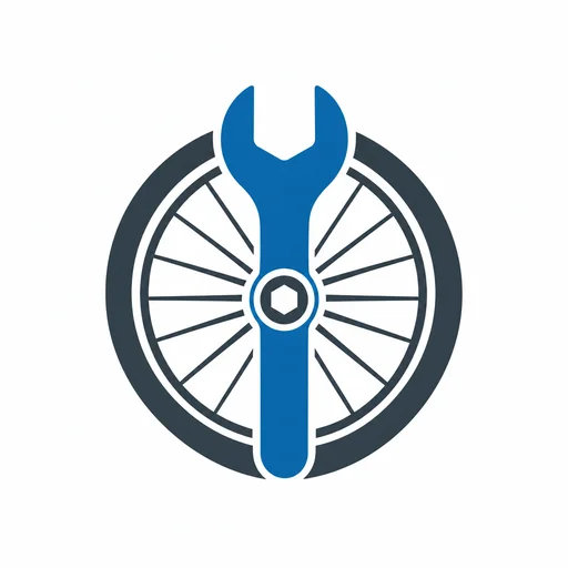 Bicycle wheel and blue wrench symbol for a repair shop.