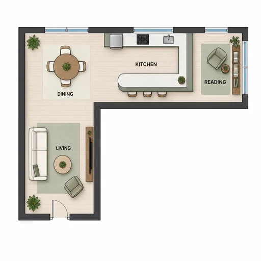 Refined open-plan floor layout preserving supplied rooms and furnishings.
